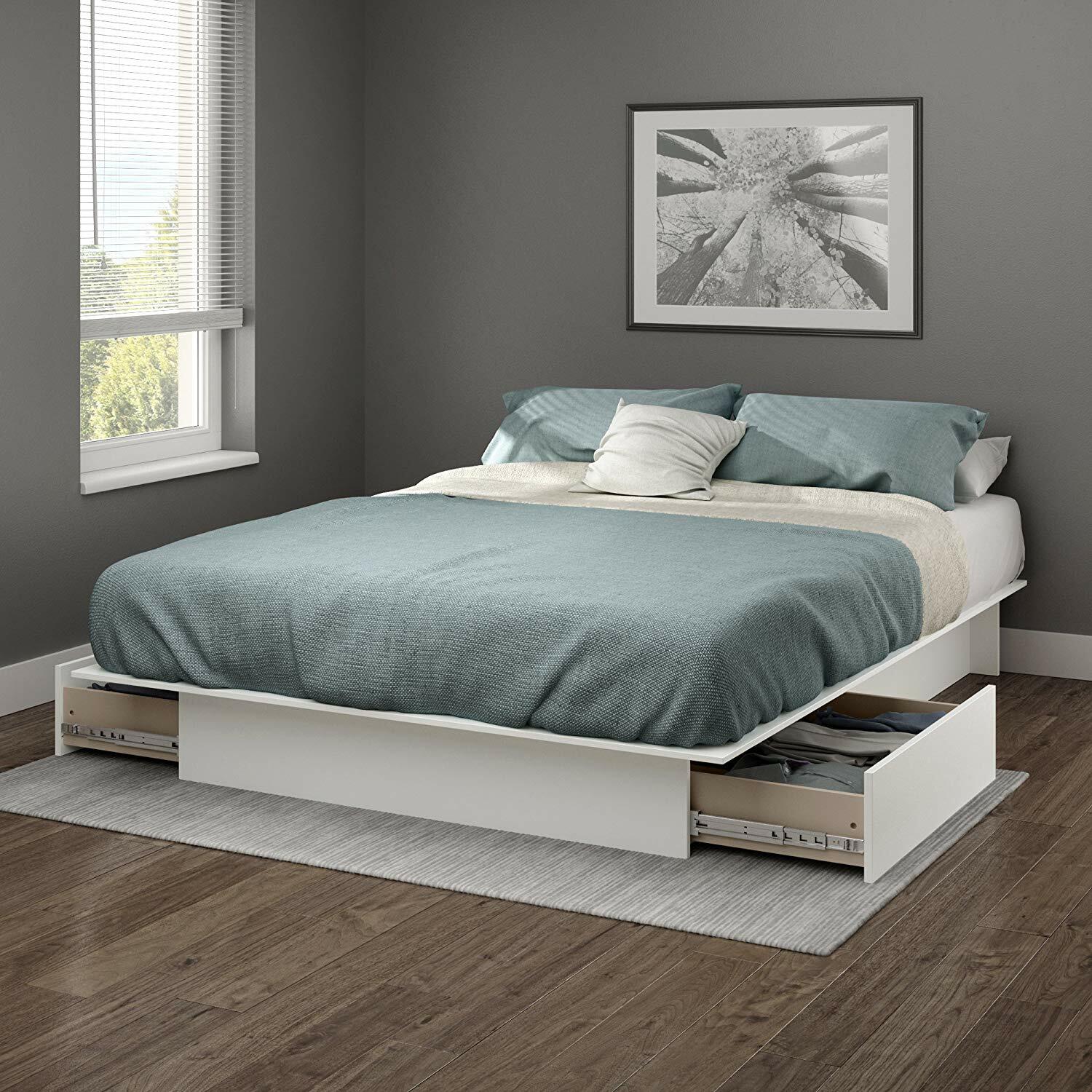 Queen/Full Platform Bed Frame with 2 Drawers in White Wood for Bedroom Storage-image