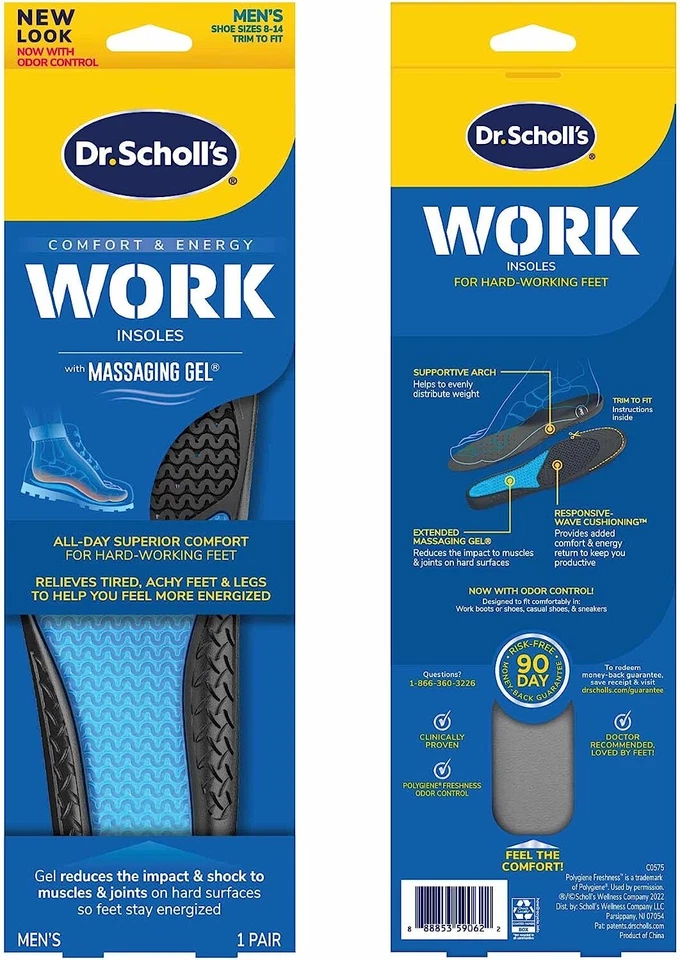 Plantillas Dr Scholls Hombres TRABAJO Gel Masajeador Plantilla Completa para Zapatos Talla 8-14 (1 par) Foto 3 de 4