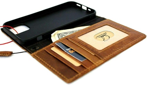 Genuine Soft Leather Case For iPhone 12 Wallet Book Cover Vintage Cards Tan ID - Picture 2 of 8