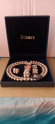 Vintage STAUER Pearl CZ Gold Necklace Watch Earrings Jewelry Set.  NIB with Tag
