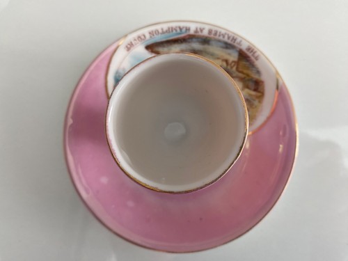 Victorian PINK LUSTRE Egg Cup in Saucer THAMES AT HAMPTON COURT Souvenir - Picture 4 of 6