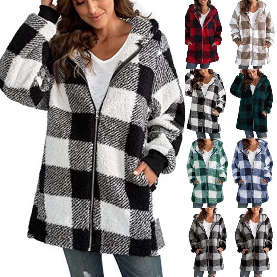 Plus Size Coat Plaid Hooded Zip Pocket Jacket Autumn Tops for Women UK  Ladies | eBay