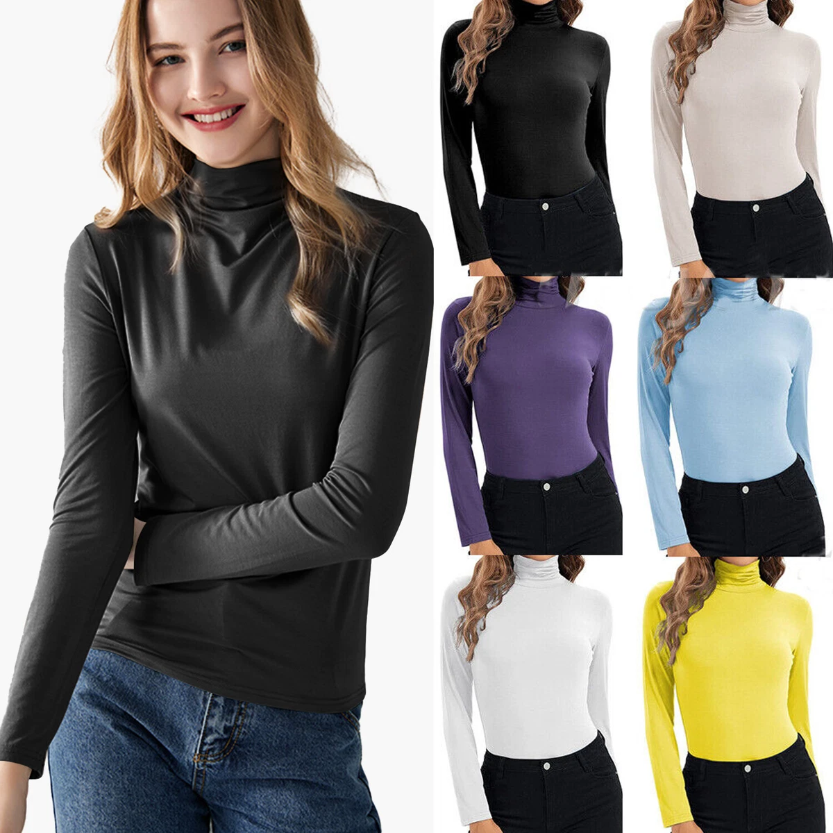 Basic Long Sleeve Soft Seamless Stretch Turtleneck Mock Neck Top Slim Fit  Shirts