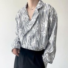 Men's Youth Suit Collar Printed Shirt Long Sleeve Loose Casual Blouses Tops Chic