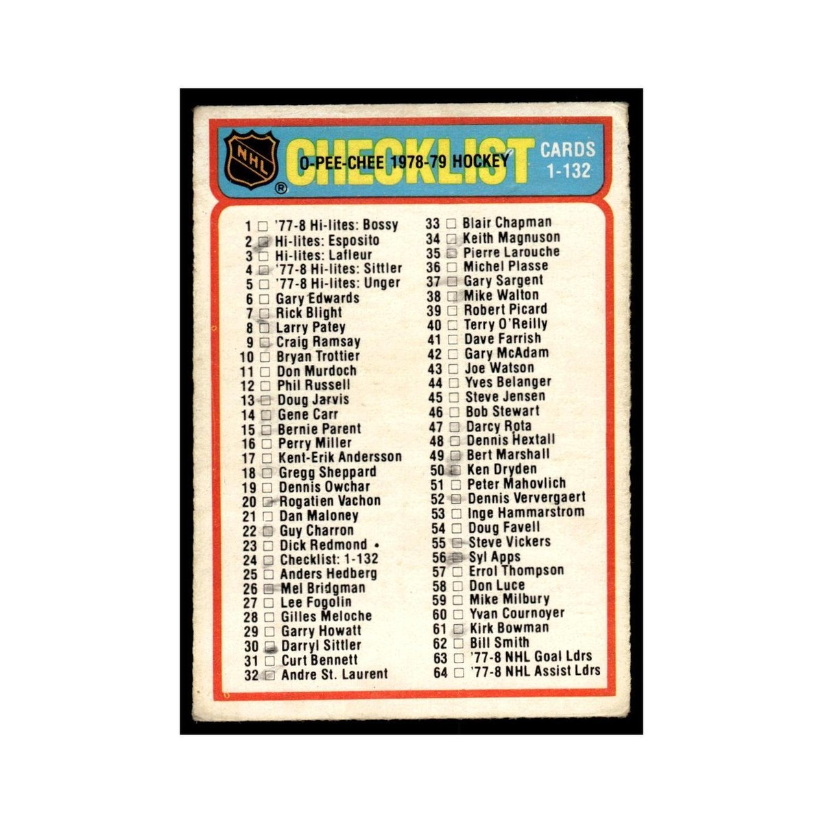 Checklist 1-132 1978 O-Pee-Chee #24 Hockey Card VG | eBay