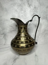 Vintage Etched Brass Pitcher Vase India Handcrafted Boho Retro Home Decor