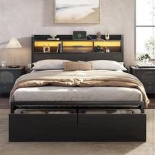 Modern Full Size Bed Frame with Storage Drawers, LED Lights  Charging Station
