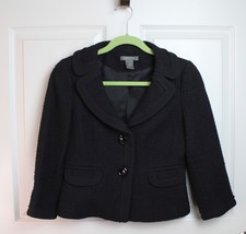 Ann Taylor Black Wool Blend Tweed Cropped 3/4 Sleeve Jacket Notch Collar Size 0