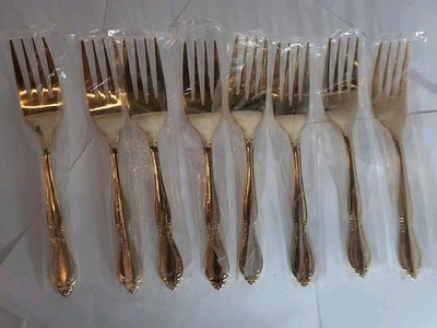 8 Customcraft Gold Tone Stainless  SALAD FORKS Japan Flatware 6.25''
