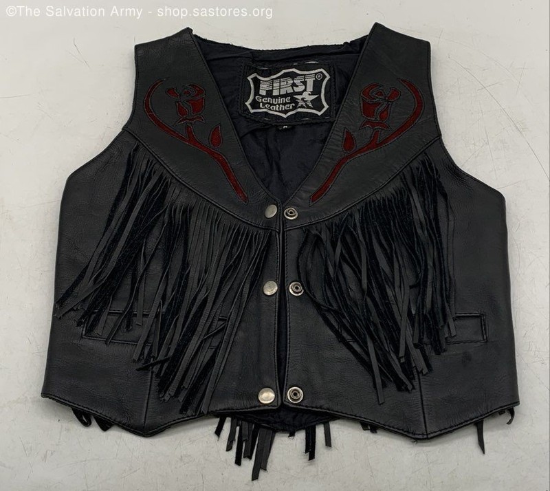 First Genuine Leather Women's Black Button Front Motorcycle Vest Size Medium