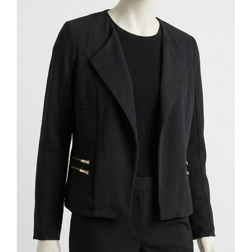 Chico's Black Open Front Blazer Ribbed Mixed Media Gold Zipper Jacket Size 2 L