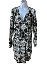 CACHE Black White Baroque Print Wrap Dress Long Sleeve Mini Y2K Sz Small
