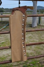 Beautiful Top Grain Shotgun Chaps with Conchos and Fringe - Large