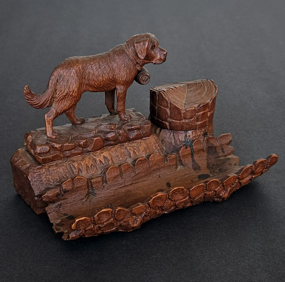 Tintero antiguo para perro San Bernardo tallado a mano de la Selva Negra del siglo XIX Foto 3 de 4