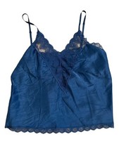 Vintage Barbizon Navy Blue Satin Cami V neck Adjustable Lace Coquette Large Y2K