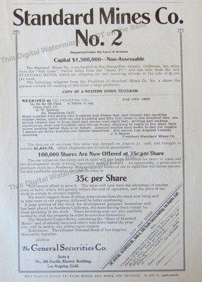 1906 Ad * Buy Standard Mines Mining Co #2 Stock San Bernardino Co CA Investment