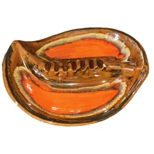Vintage MCM Ceramic Ashtray With Vibrant Brown & Orange Glazed USA READ