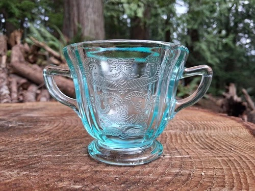 Vintage Indiana Glass Federal Madrid Recollection Teal Aqua Sugar Bowl. Mint!