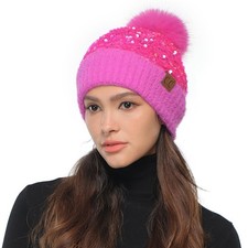 Sequin Fur Pom Beanie for Women - Stretchable Soft Warm with Faux Fur Pom Kni...