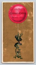 1880s Morris Gross Marble Hall Children's Clothing Frog Trade Card Troy NY 5x3