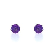 White Gold Amethyst Stud Earrings - 14k Round Checkerboard 1.40ctw Pierced