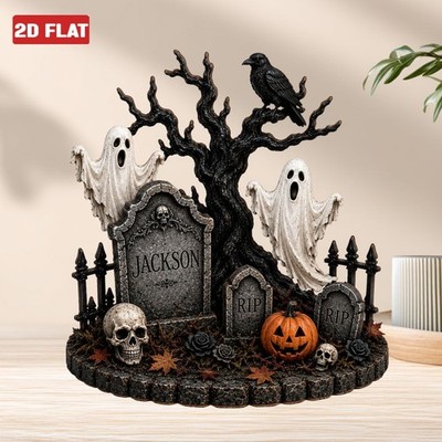 Custom Halloween Ghost Tombstone Wood Block 2D FLAT Spooky Ghost Pumpkin Gothic