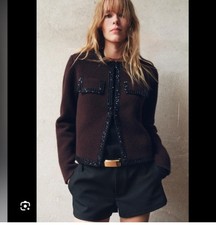 CARDIGAN ZARA 100% LANA MAGLIA PERLINE MARRONE NUOVO FW24/25 TAGLIA M REF. 4192/114