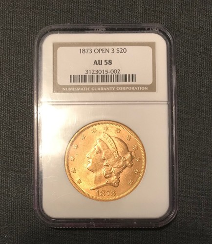 1873 S OPEN 3 $20 LIBERTY DOUBLE EAGLE NGC AU58 PRE-1933 GOLD