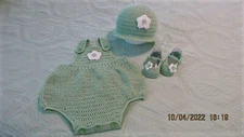 CROCHET POWDER 3 PIECE GREEN BUBBLE ROMPER SET-SIZE 6-8 MONTHS-NEW