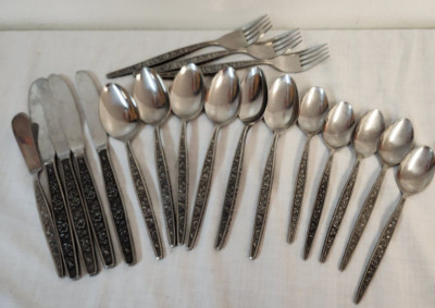 Mid Century  Riviera Stainless Flatware RAMBLING ROSE Knives Spoons Forks 19 PCS