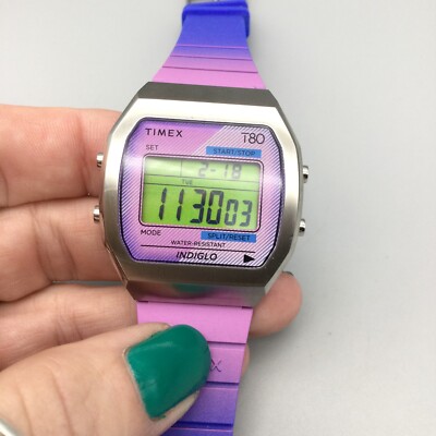 Timex T80 Retro Watch Men Indiglo 36mm Silver Tone Purple