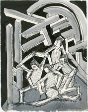 BUILDERS CONSTRUCTION WORKERS Abstract Expressionist WATERCOLOR Drawing PAINTING