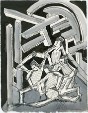 BUILDERS CONSTRUCTION WORKERS Abstract Expressionist WATERCOLOR Drawing PAINTING