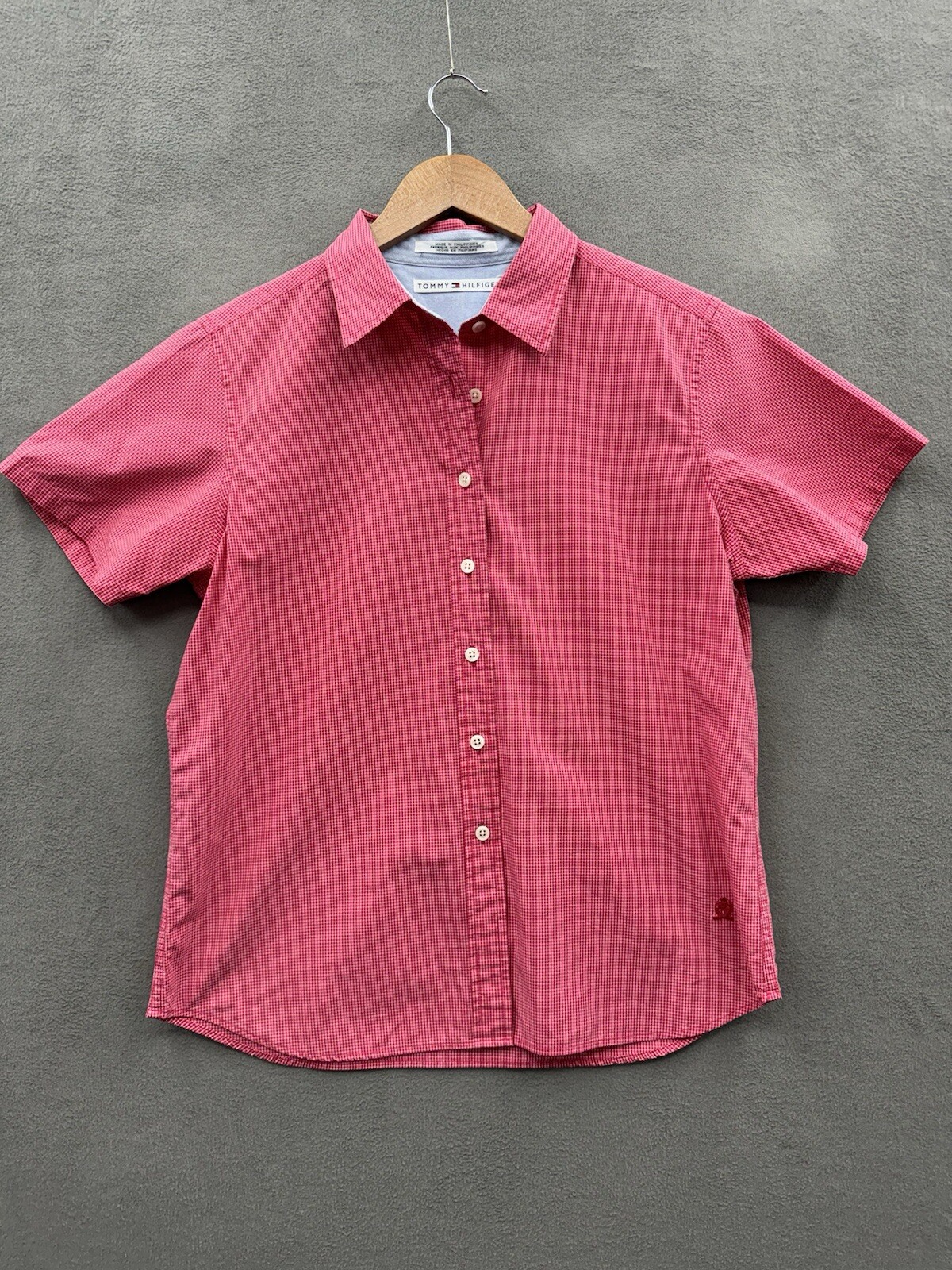 Tommy Hilfiger Womens Red Check Short Sleeve Button-Up Collared Shirt Size 12