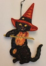 BLACK CAT in RED WITCH HAT w VIOLIN * Glitter HALLOWEEN ORNAMENT * Vtg Img