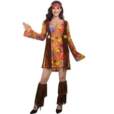 Women 60s 70s Hippie Costume Dress Fringe Vest Boot Covers Headband Outfit Ad...
