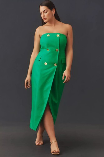 New Anthropologie Mare Mare Strapless Trench Midi Dress Linen Kelly Green S NWT - Picture 5 of 8