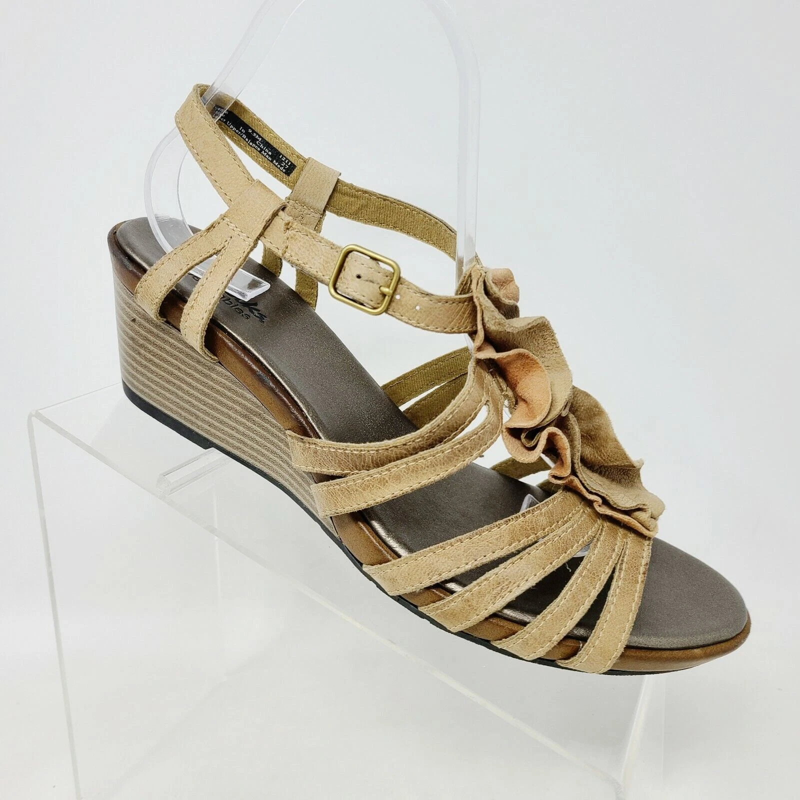 Sandali donna Clarks Bendables in pelle marrone marrone chiaro con zeppa e volant taglia 9 5 M #60566