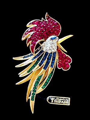 RARE 1964 CROWN TRIFARI MULTICOLOR RHINESTONE FIREBIRD ROOSTER STATEMENT BROOCH