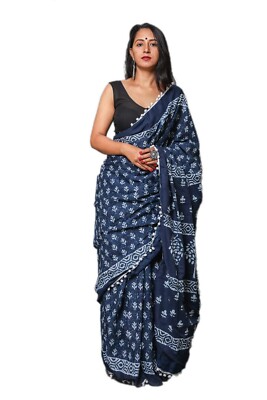 Indigo Print Cotton Mulmul Saree for Women Attached Blouse Piece