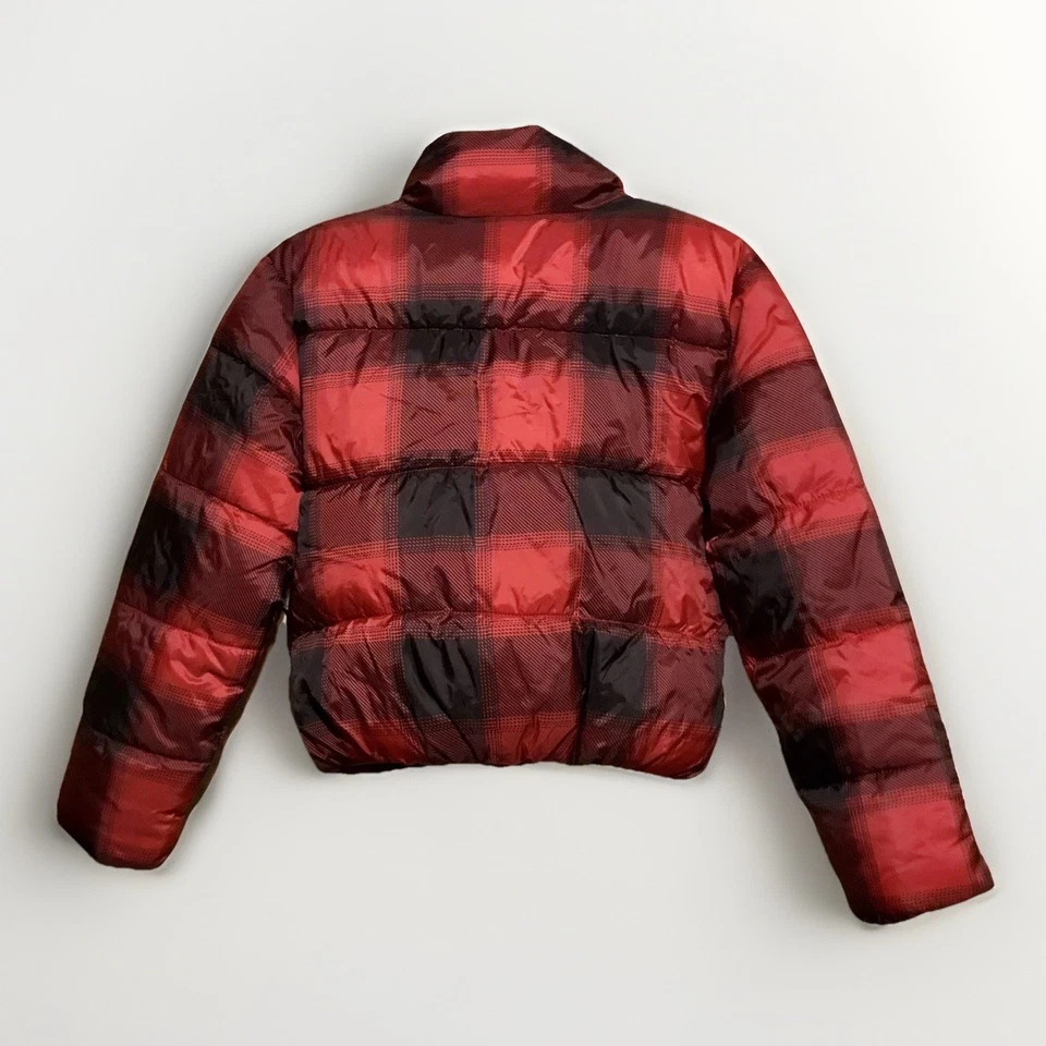 Old Navy Black Red Buffalo Plaid Check Girls XL 14-16 Cropped Puffer Jacket Coat - Image 2 of 3