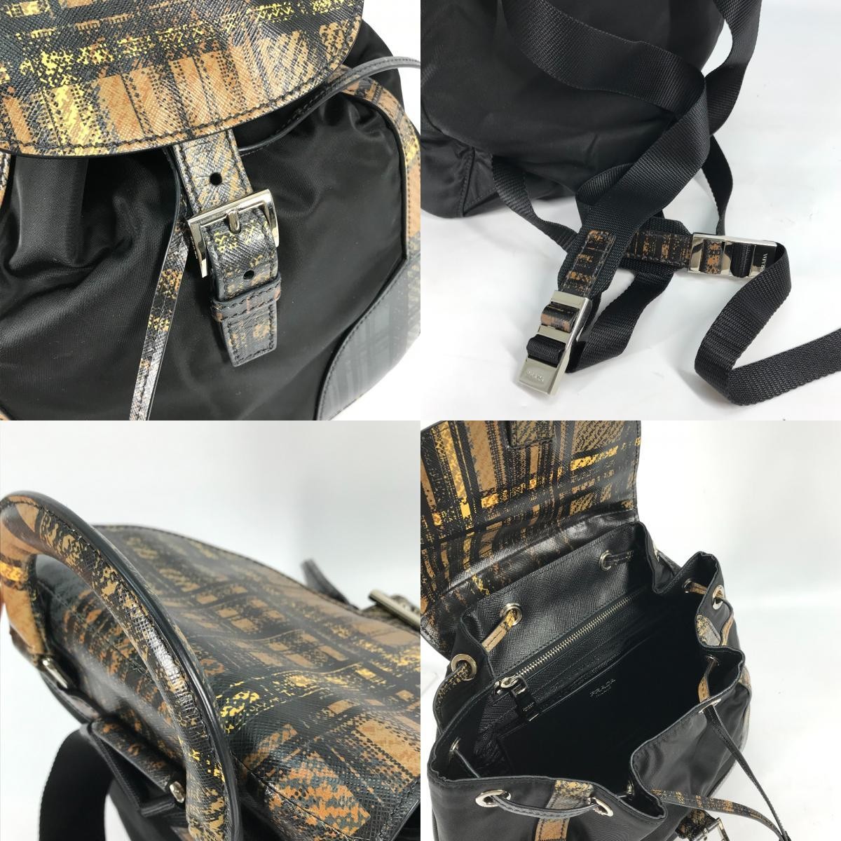 PRADA 1BZ038 Check Backpack Triangle Logo Rucksack Black Men s Used from japan thumbnail 9