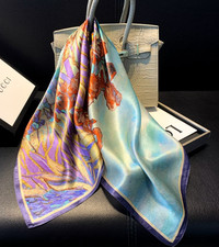 100 Mulberry Silk Scarf 27'' Bandann Square Shawl plants Print Neckerchief wrap