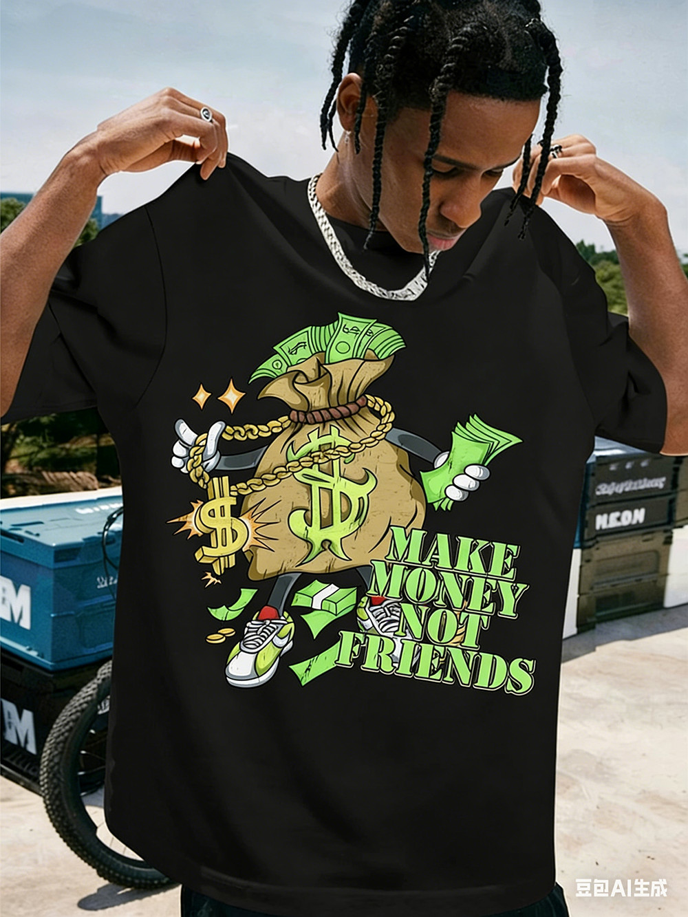 Vintage Make Money Not Friends T-Shirt Unisex Dollar Bag Streetwear Top