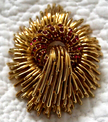 Vtg CINER Red Rhinestone Enhancer Pendant Brooch Pin Gold Tone STARBURST Signed