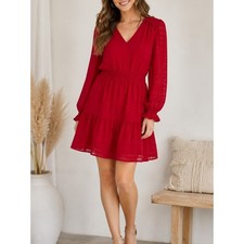 LOFT Red V-Neck Long Sleeve Tiered Mini Dress