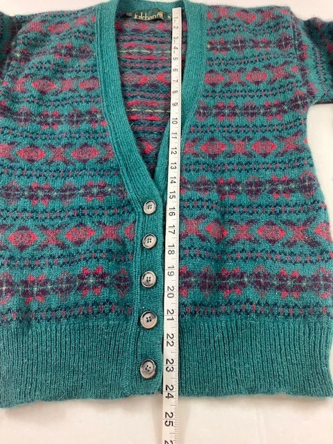 Cárdigan Suéter Vintage Años 90’s Lana Tulchan Tejido Verde Rojo Cuello en V Para Mujer’s XL Foto 4 de 4