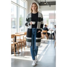 Grace Elements Womens XL Striped Cardigan Duster Open Front Gray Black