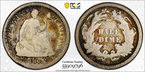 5c 1863 Seated Liberty Half Dime PCGS VG8 RARE! LOW MINTAGE *  AvenueCoin