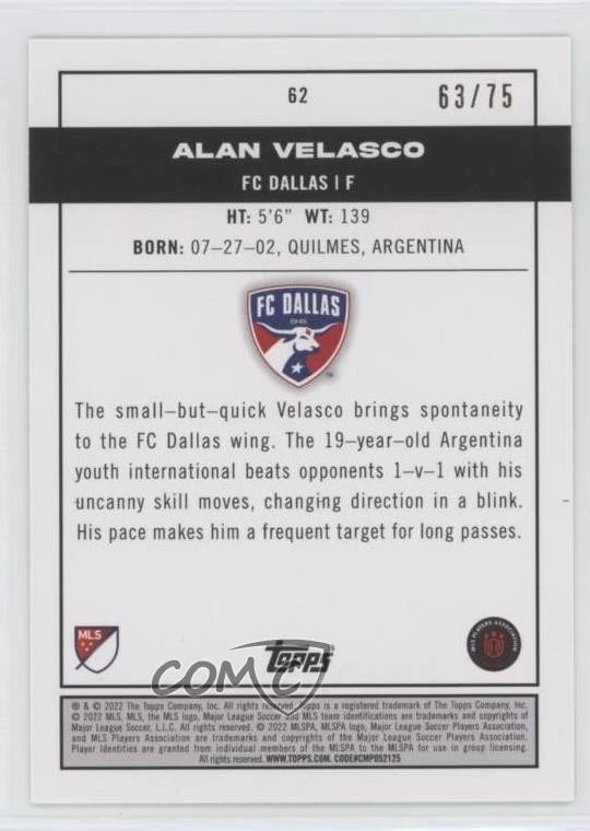 2022 Topps MLS Pitch Prodigies Green /75 Alan Velasco #62 Rookie RC - Image 2 of 2